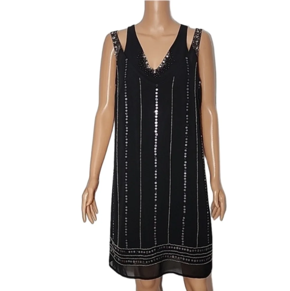 Nicole‎ Miller Shift Dress Black Embellished Beaded Sleeveless Lined Size 10